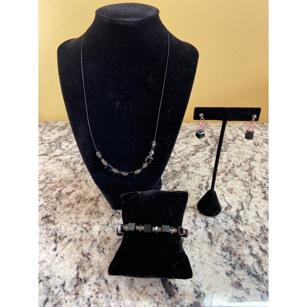 Vintage Emily Ray Black Swarovski Crystal Cube Necklace Bracelet Earring Set